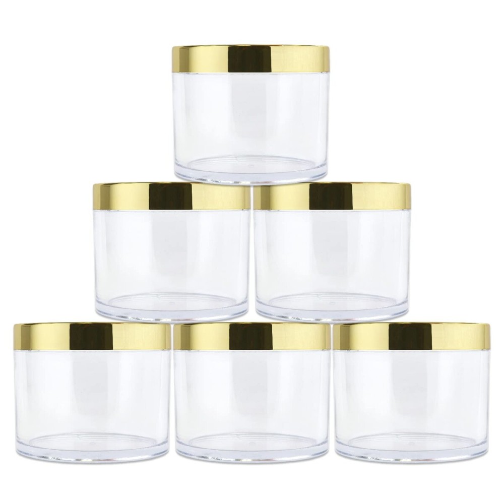 Beauticom 4 oz. (120g/120ML, Quantity: 6 Pieces) Thick Wall Round Leak Proof Clear Acrylic Jars w/Lids for Beauty, GOLD, 6 Pieces (6 Jars + Lids Together),