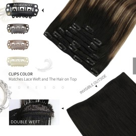 Moresoo Clip in Hair Extensions Remy Double Weft Human Hair Clip in Extensions Balayage Straight Hair Extensions for Women Ombre Black to Brown with Dark Blonde 7pcs 120g 16inch