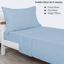 PLAIN PRINTED LINEN 3-Piece Toddler Sheet Set, 100% Cotton Fitted Sheet, Flat Sheet and Envelope Pillowcase, Toddler Bed Set,Crib Sheets Set,Mini Crib Sheets (Light Blue Solid)