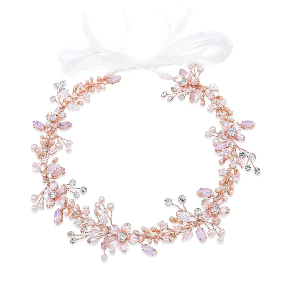 Ammei Headpiece Bridal Headpiece Rose Gold Wedding Headband Flower Leaves Design Hair Vine With Pearls And Rhinestones