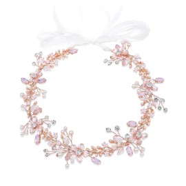 Ammei Headpiece Bridal Headpiece Rose Gold Wedding Headband Flower Leaves Design Hair Vine With Pearls And Rhinestones