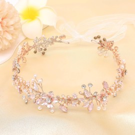Ammei Headpiece Bridal Headpiece Rose Gold Wedding Headband Flower Leaves Design Hair Vine With Pearls And Rhinestones