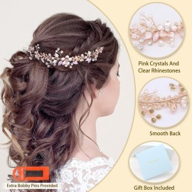 Ammei Headpiece Bridal Headpiece Rose Gold Wedding Headband Flower Leaves Design Hair Vine With Pearls And Rhinestones