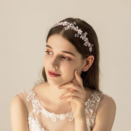 Ammei Headpiece Bridal Headpiece Rose Gold Wedding Headband Flower Leaves Design Hair Vine With Pearls And Rhinestones