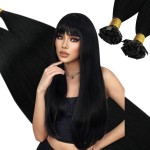 Ugeat K Tip Hair Extensions Real Human Hair Jet Black Flat Tip Human Hair Extensions Jet Black Keratin Ktips 22 Inch Add Length Long Hairstyles for Women 50S 50G