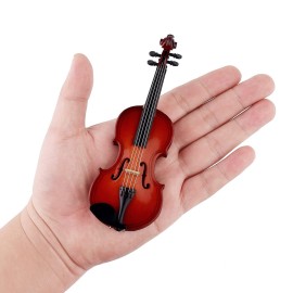 Dselvgvu Wooden Miniature Violin with Stand, Bow and Case Mini Violin Musical Instrument Replica Collectible Figurines Collection Decorative Ornament Dollhouse Accessories Model (5.63x2.05x0.75)