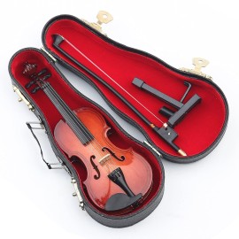 Dselvgvu Wooden Miniature Violin with Stand, Bow and Case Mini Violin Musical Instrument Replica Collectible Figurines Collection Decorative Ornament Dollhouse Accessories Model (5.63x2.05x0.75)
