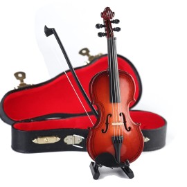 Dselvgvu Wooden Miniature Violin with Stand, Bow and Case Mini Violin Musical Instrument Replica Collectible Figurines Collection Decorative Ornament Dollhouse Accessories Model (5.63x2.05x0.75)
