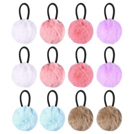 12Pcs Pom Ball Hair Ties, Fluffy Poms Ponytail Holders Velvet Elastic Hair Accessories for Women Girl