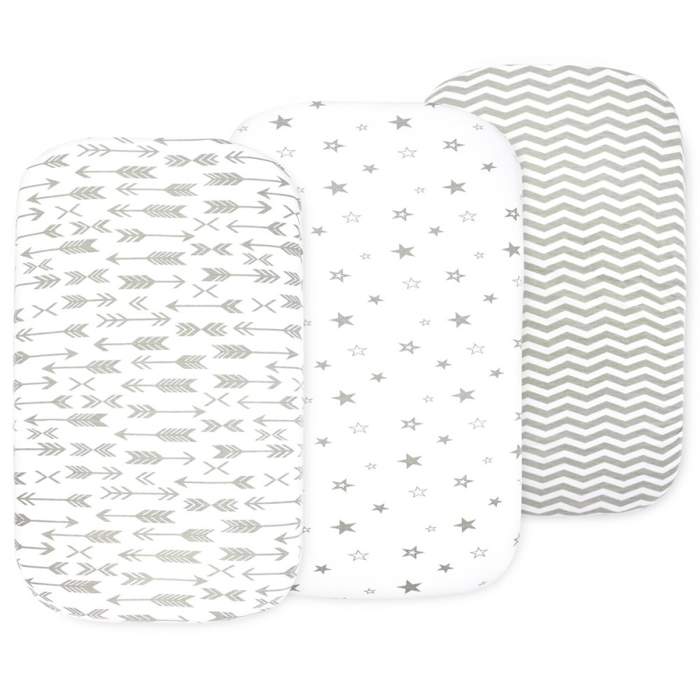 Bassinet Sheets for Baby Girl & Boy - 3-Pack Soft Fitted Bassinet Sheets, Organic Cotton, Breathable & Cozy, Fits 32x16x4 Inch Rectangle, Oval & Hourglass Mattresses (Grey/White)