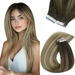 Sunny Hair Tape in Hair Extensions Real Human Hair Invisible Remy Hair Extensions Tape ins for Women Dark Brown Ombre Dark Golden Blonde Balayage Platinum Blonde 16 inch 20Pcs 50G