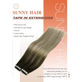 Sunny Hair Tape in Hair Extensions Real Human Hair Invisible Remy Hair Extensions Tape ins for Women Dark Brown Ombre Dark Golden Blonde Balayage Platinum Blonde 16 inch 20Pcs 50G