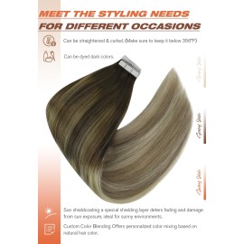 Sunny Hair Tape in Hair Extensions Real Human Hair Invisible Remy Hair Extensions Tape ins for Women Dark Brown Ombre Dark Golden Blonde Balayage Platinum Blonde 16 inch 20Pcs 50G