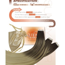 Sunny Hair Tape in Hair Extensions Real Human Hair Invisible Remy Hair Extensions Tape ins for Women Dark Brown Ombre Dark Golden Blonde Balayage Platinum Blonde 16 inch 20Pcs 50G