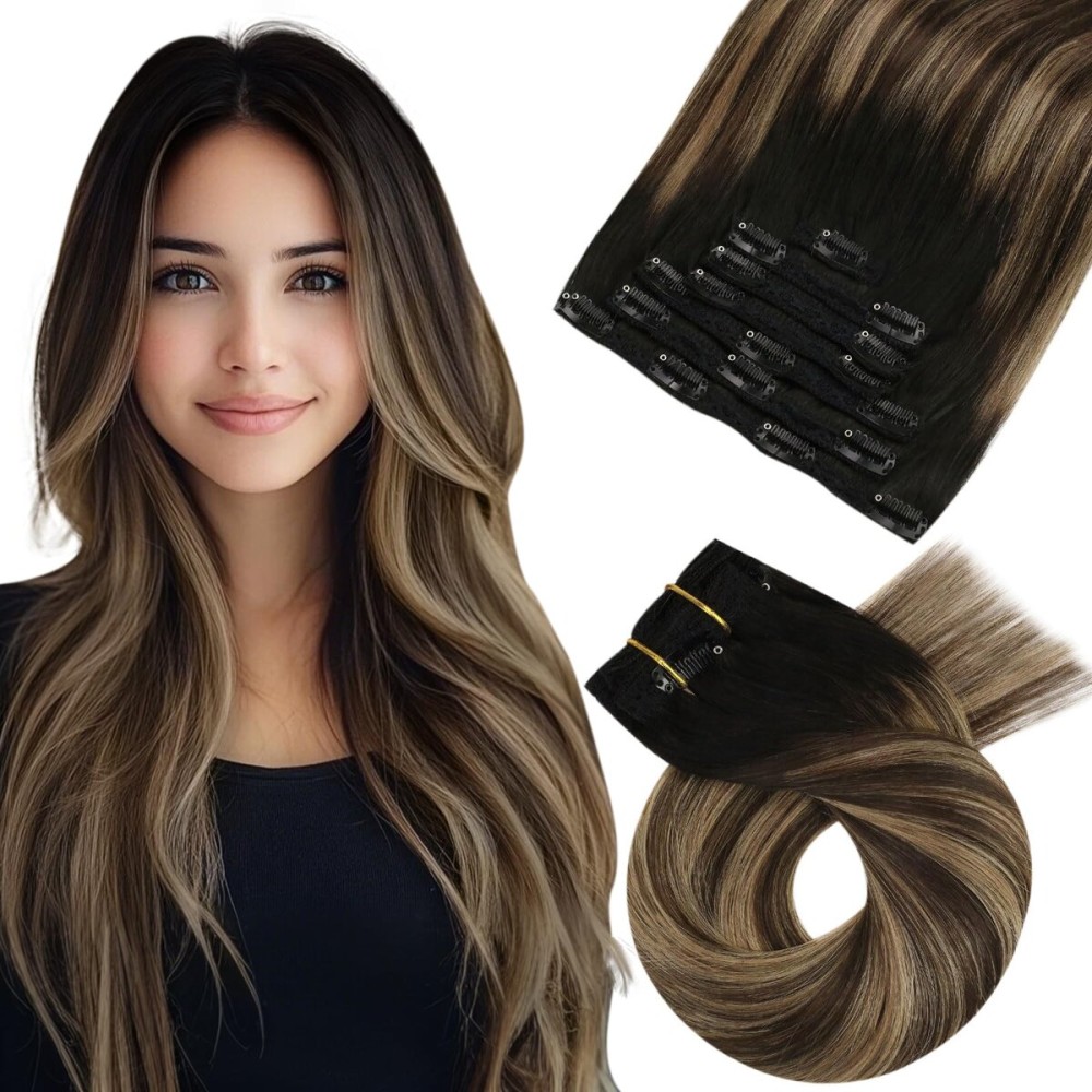Moresoo Human Hair Clip in Extensions Balayage Black to Dark Brown with Dark Blonde Double Weft Human Hair Extensions Clip in Ombre Straight 18 Inch 7pcs 120g Moresoo Human Hair Clip in Extensions Balayage Black to Dark Brown with Dark Blonde Double Weft Human Hair Extensions Clip in Ombre Straight 18 Inch 7pcs 120g