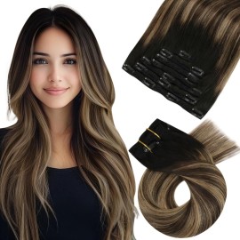 Moresoo Human Hair Clip in Extensions Balayage Black to Dark Brown with Dark Blonde Double Weft Human Hair Extensions Clip in Ombre Straight 18 Inch 7pcs 120g