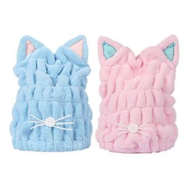 OrangeTag 2Pcs Ultra Absorbent Hair Quick Drying Towel Microfiber Hair Dry Wrap Turban Cute Kitty Ears Cap Bath Tool Hat for Women Girls