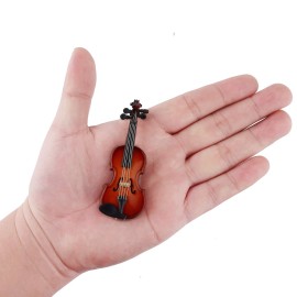 Dselvgvu Wooden Miniature Violin with Stand, Bow and Case Mini Violin Musical Instrument Replica Collectible Figurines Collection Decorative Ornament Dollhouse Accessories Model (3.15x1.18x0.59)