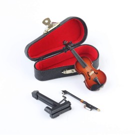 Dselvgvu Wooden Miniature Violin with Stand, Bow and Case Mini Violin Musical Instrument Replica Collectible Figurines Collection Decorative Ornament Dollhouse Accessories Model (3.15x1.18x0.59)