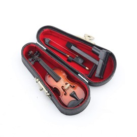 Dselvgvu Wooden Miniature Violin with Stand, Bow and Case Mini Violin Musical Instrument Replica Collectible Figurines Collection Decorative Ornament Dollhouse Accessories Model (3.15x1.18x0.59)