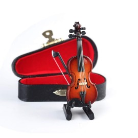 Dselvgvu Wooden Miniature Violin with Stand, Bow and Case Mini Violin Musical Instrument Replica Collectible Figurines Collection Decorative Ornament Dollhouse Accessories Model (3.15x1.18x0.59)