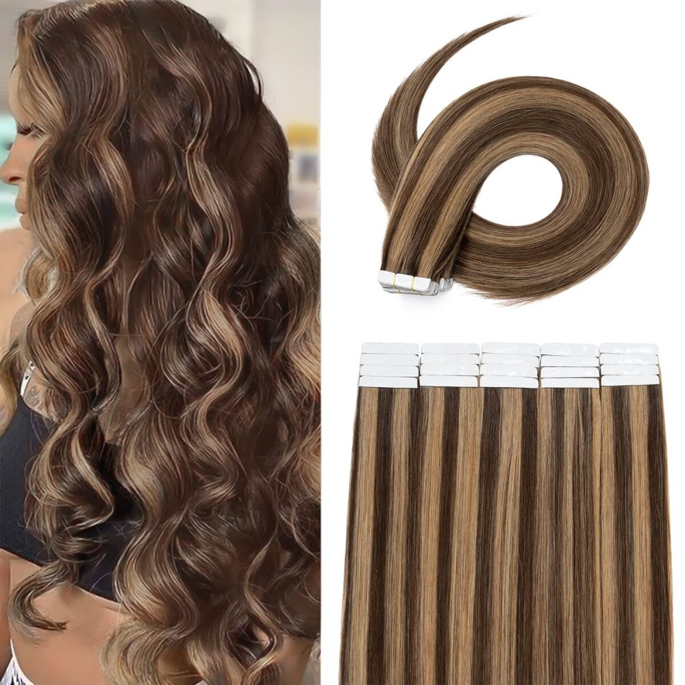 MY-LADY Tape In Hair Extensions Human Hair 24 Inch Medium Brown mix Dark Blonde 50g 20pcs Seamless Invisible Rooted Double Sided Tape In Remy Hair Extensions MY-LADY Tape In Hair Extensions Human Hair 24 Inch Medium Brown mix Dark Blonde 50g 20pcs Seamless Invisible Rooted Double Sided Tape In Remy Hair Extensions