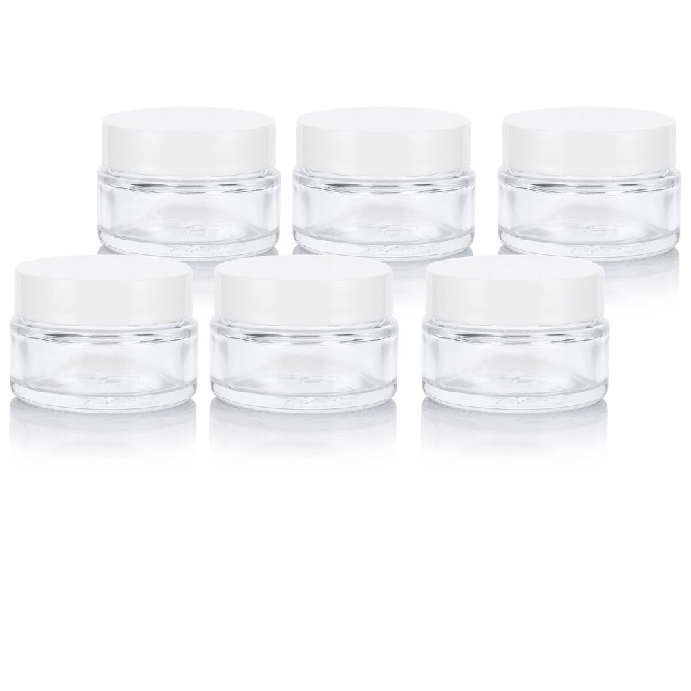 Clear Glass 0.50 oz / 15 ml Low Profile Thick Wall Balm Jars with White Smooth Foam Lined Lids (6 PACK)