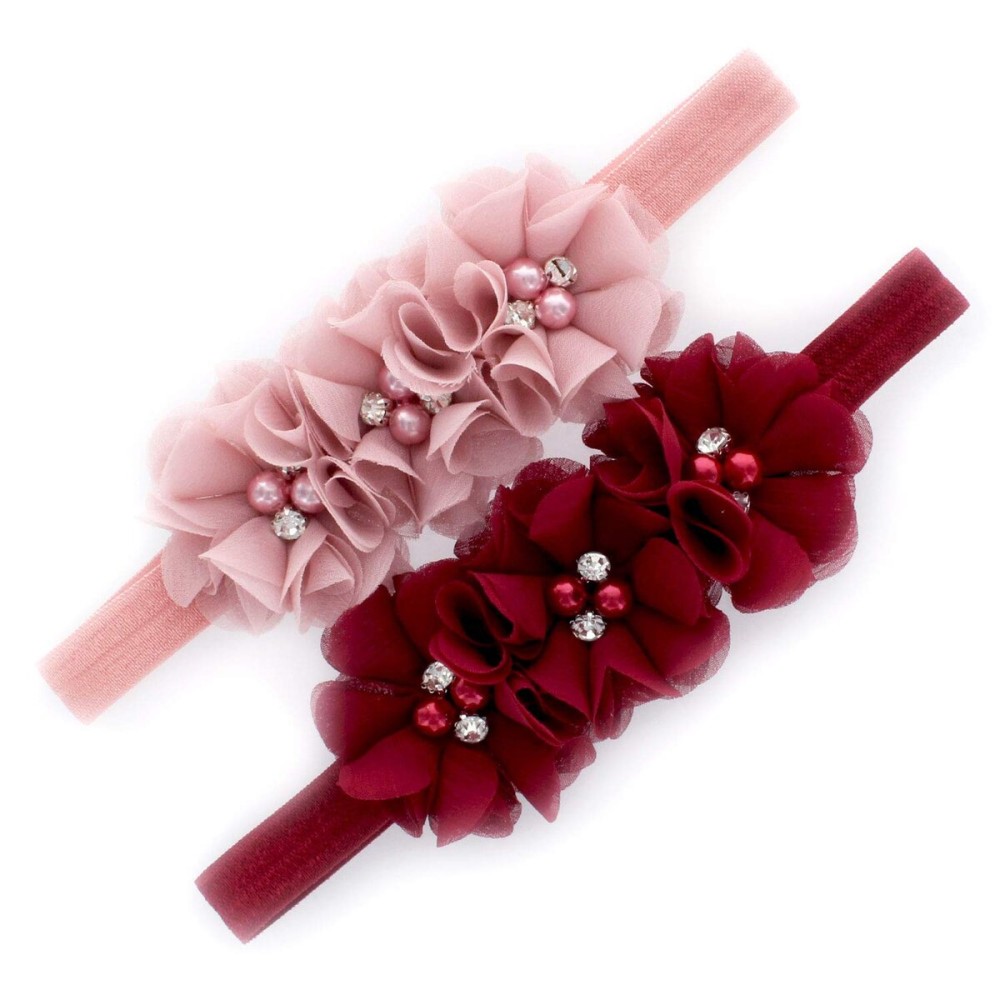 My Lello Baby Flower Headbands Fabric Beaded Trio Stretchy Elastic Pair (Dusty Rose/Maroon)