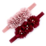 My Lello Baby Flower Headbands Fabric Beaded Trio Stretchy Elastic Pair (Dusty Rose/Maroon)