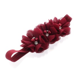 My Lello Baby Flower Headbands Fabric Beaded Trio Stretchy Elastic Pair (Dusty Rose/Maroon)