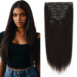 Lacer Light Yaki Straight Clip in Hair Extensions, Natural Black Color Remy Human Hair Clip in Extensions for Black Women Relaxed Hair 120G 7Pieces 12 inch