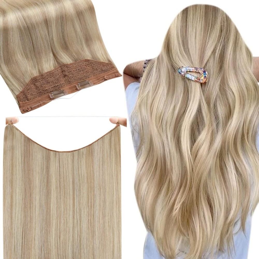 Fshine Invisible Wire Hair Extensions Human Hair Natural Hairpiece Ash Blonde Highlighted Bleach Blonde Fish Line Wire Human Hair Extensions Clip ins 18 Inch 80G