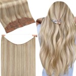 Fshine Invisible Wire Hair Extensions Human Hair Natural Hairpiece Ash Blonde Highlighted Bleach Blonde Fish Line Wire Human Hair Extensions Clip ins 18 Inch 80G