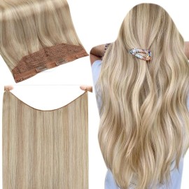Fshine Invisible Wire Hair Extensions Human Hair Natural Hairpiece Ash Blonde Highlighted Bleach Blonde Fish Line Wire Human Hair Extensions Clip ins 18 Inch 80G