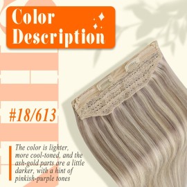 Fshine Invisible Wire Hair Extensions Human Hair Natural Hairpiece Ash Blonde Highlighted Bleach Blonde Fish Line Wire Human Hair Extensions Clip ins 18 Inch 80G