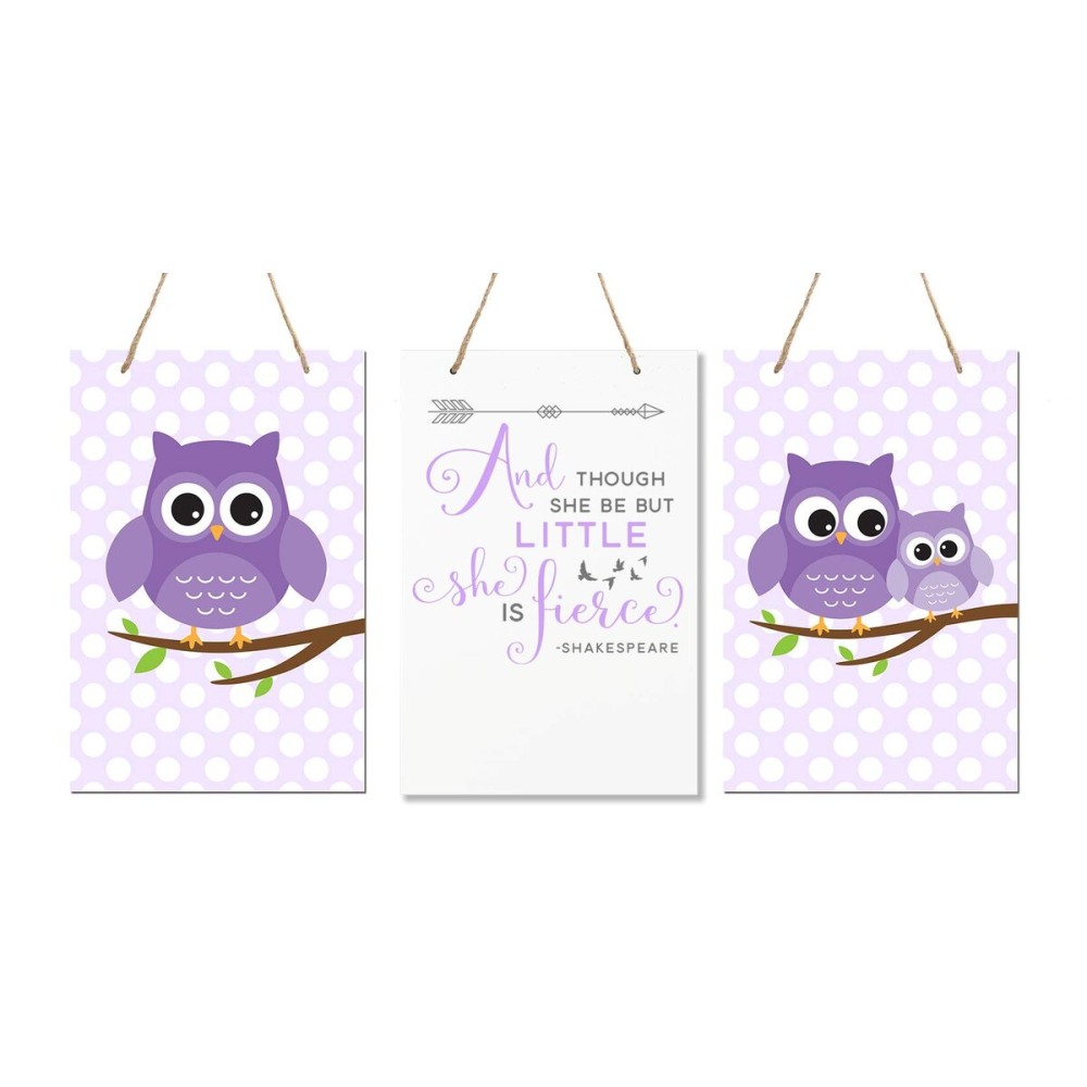LifeSong Milestones and Though She May Be Little She is Fierce 3 Piece Owl Childrens Wall Decor Signs for Kids, Bedroom, Nursery, Babys Boys, Girls Room, Size 8 x 12 Made in USA (Purple)