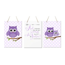 LifeSong Milestones and Though She May Be Little She is Fierce 3 Piece Owl Childrens Wall Decor Signs for Kids, Bedroom, Nursery, Babys Boys, Girls Room, Size 8 x 12 Made in USA (Purple)