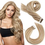 Moresoo Tape in Hair Extensions Human Hair Highlighted Blonde Hair Extensions Real Human Hair Tape in Seamless Extensions Human Hair Remy Straight Tape in Thick Hair 14 Inch P6/60 20pcs 50g