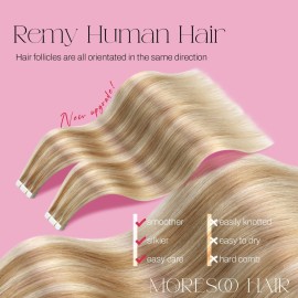 Moresoo Tape in Hair Extensions Human Hair Highlighted Blonde Hair Extensions Real Human Hair Tape in Seamless Extensions Human Hair Remy Straight Tape in Thick Hair 14 Inch P6/60 20pcs 50g