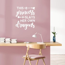 Vinyl Art Wall Decal - This Princess Slays Her Own Dragons - 26.29 x 22 - Little Girls Toddler Quotes Preschool Nursery Home Bedroom Playroom Apartment Indoor Outdoor Decor (26.29 x 22, White)