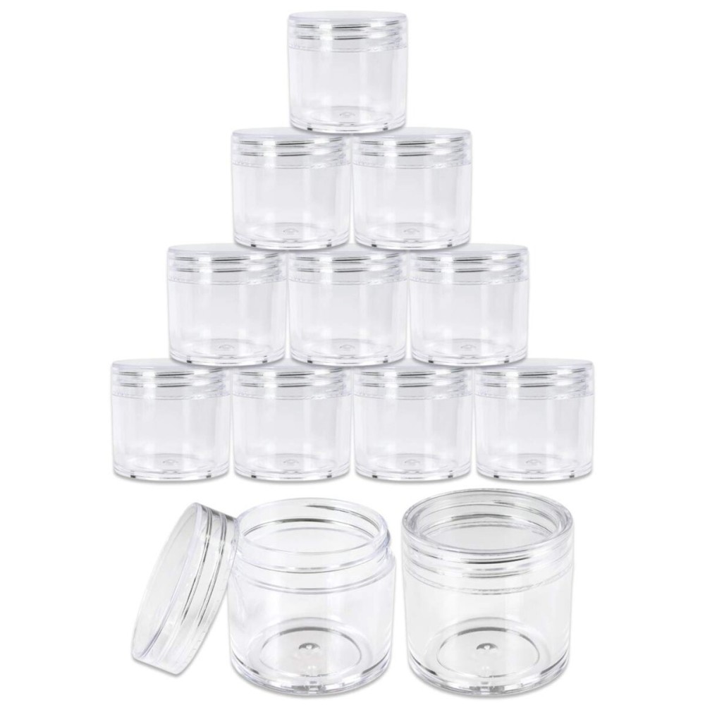 Beauticom 30g/30ml (1 fl. oz.) Double Wall Clear Plastic Leak Proof Jars with Flat Top Lids for Creams, Lotions, Make Up, Powders, Glitters, and more... (Color: Clear, Pieces: 12)