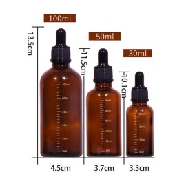 ericotry 3Pcs 100ML /3.4oz Empty Refillable Amber Glass Graduated Dropper Bottle Essential Oil Cosmetics Elite Fluid Container Jar Pot Holder with Glass Pipette Dropper
