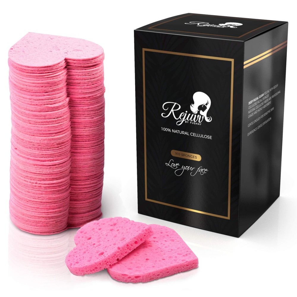 Facial Sponges Compressed Natural Cellulose Sponge for Face Cleansing Exfoliating and makeup removal, Professional use Deep clean - Rejuvv by Fushay (100 Count (Pack of 1))