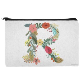 Letter R Floral Monogram Initial Makeup Cosmetic Bag Organizer Pouch