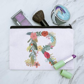 Letter R Floral Monogram Initial Makeup Cosmetic Bag Organizer Pouch
