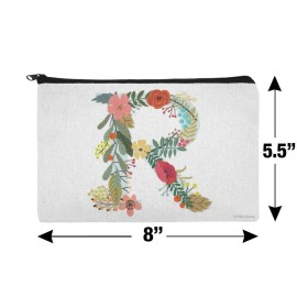 Letter R Floral Monogram Initial Makeup Cosmetic Bag Organizer Pouch