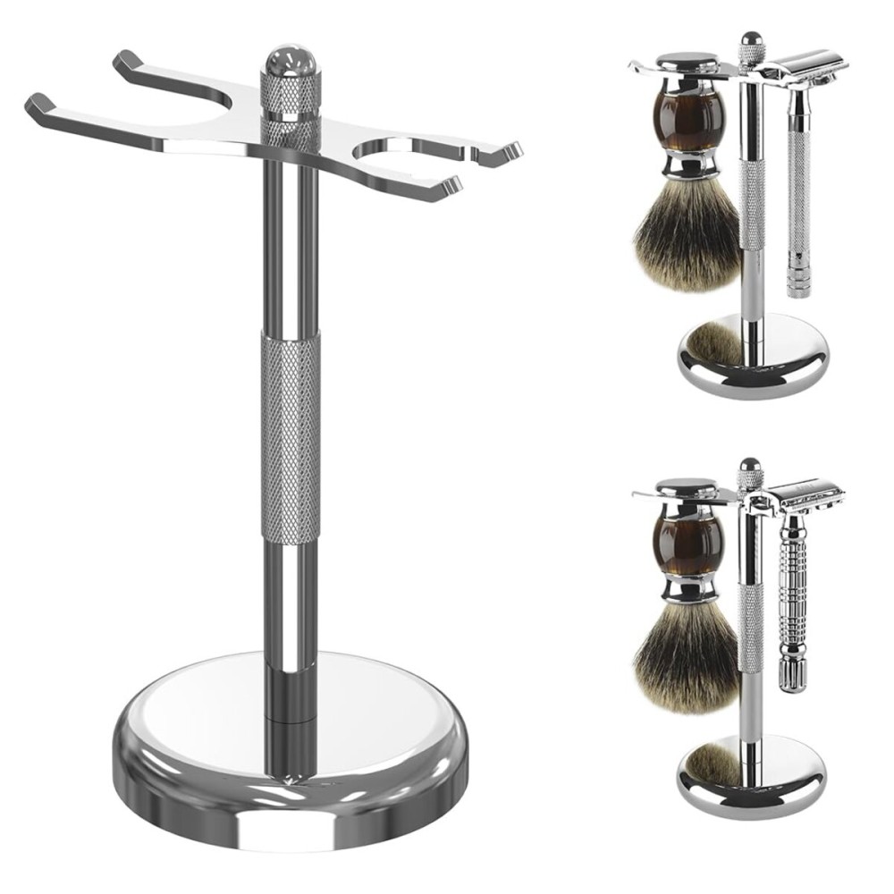 Linkidea Razor and Brush Stand Holder, Deluxe Men\'s Stainless Steel Shaving Brush Hanger Base, Shaver Kit Organizer for Bathroom Shower Compatible with Fusion 5 ProShield (Silver)