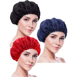 Blulu 3 Pieces Sleep Cap Satin Bonnet Night Sleeping Soft Hair Turbans for Women and Girls(Black, Red, Navy Blue)
