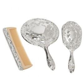 Creative Gifts International Nickel Plated Brass, Non-Tarnished 3-Piece Vanity Set, Brush, Comb, Mirror Set with Embossed Ornate Vintage Designs, Gift Box Included