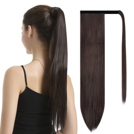 BARSDAR Dark Brown Straight Wrap Ponytail Extension - 26 Inch Long Straight Wrap Around Ponytails for Black Women, Clip in Ponytails Hair Extensions Synthetic Brown Pony Tails Hairpieces